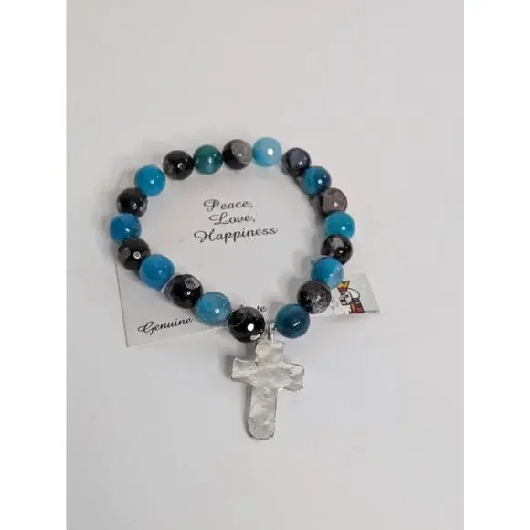 Genuine Fire Agate Bracelet w Silver Tone Rhinestone Cross Heart Cutouts NIB - Picture 4 of 5